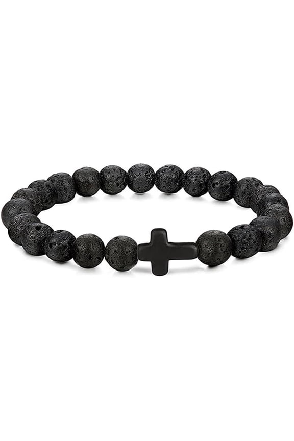 Black Natural Stone Cross Frosted Bracelet,Mens Beaded Elastic Wrist Rope Stretch Relax Yoga Retro Christian Pray Baptism Presents Jewellery
