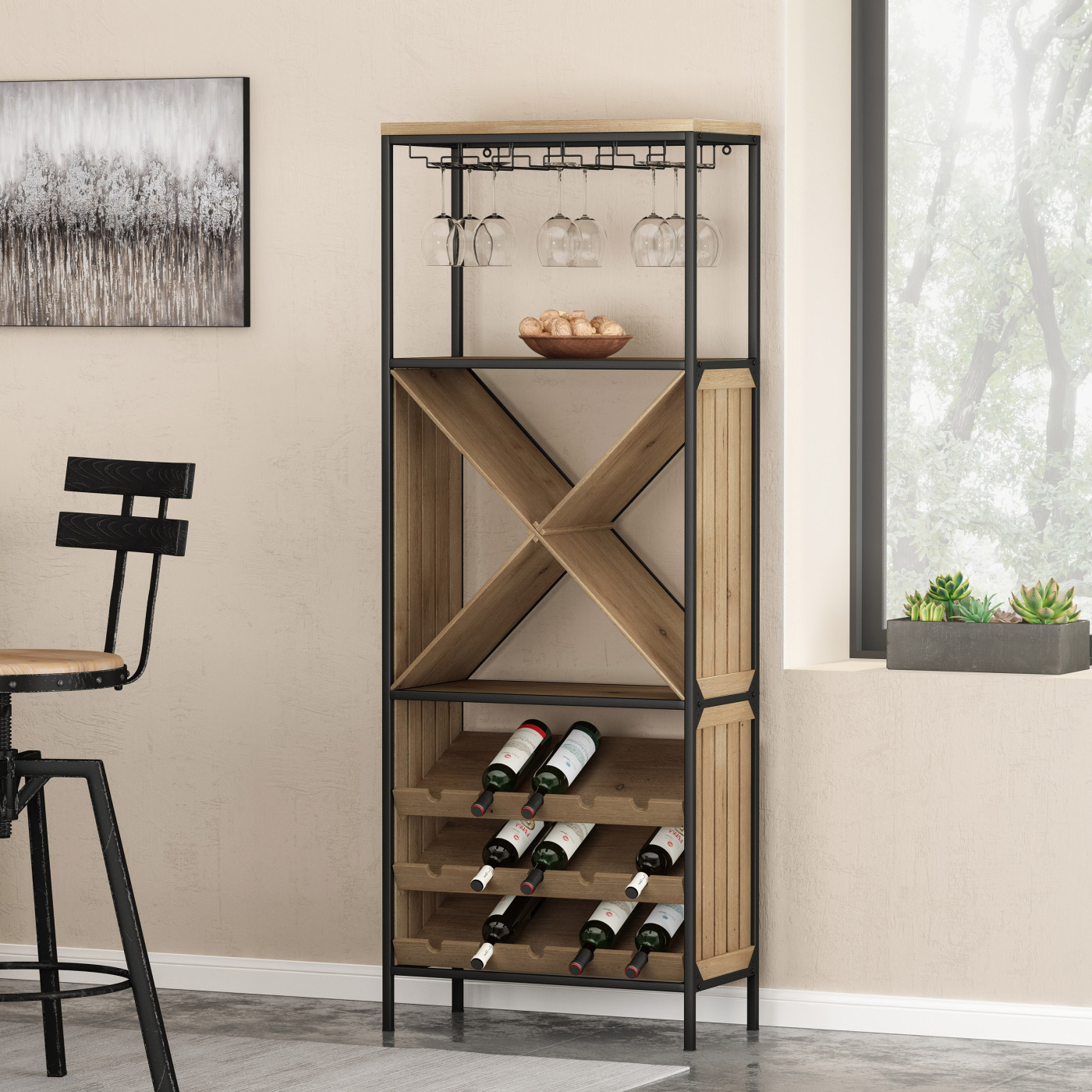 Black and Natural Wood Floor Wine Rack Metal frame with wooden look