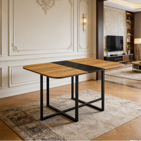 Black and Natural Wood Two-Tone MDF Dining Table - Modern Minimalist Industrial Style Kitchen Table, 60.2"L x 39.3"W x 31"H for Dining Room, Kitchen, Apartment, Restaurant