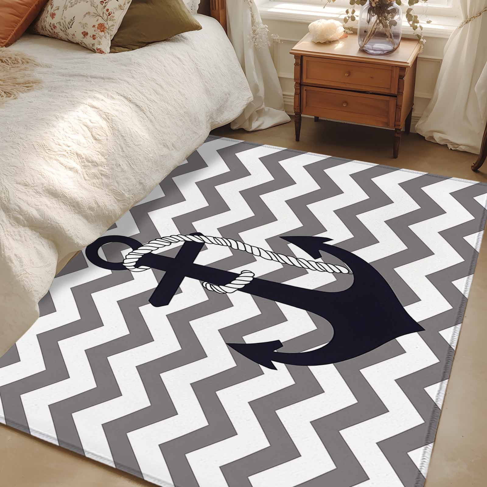 Black Nautical Anchor 2.7x5 Area Rugs, Gray Stripe Modern Wavy Lines ...