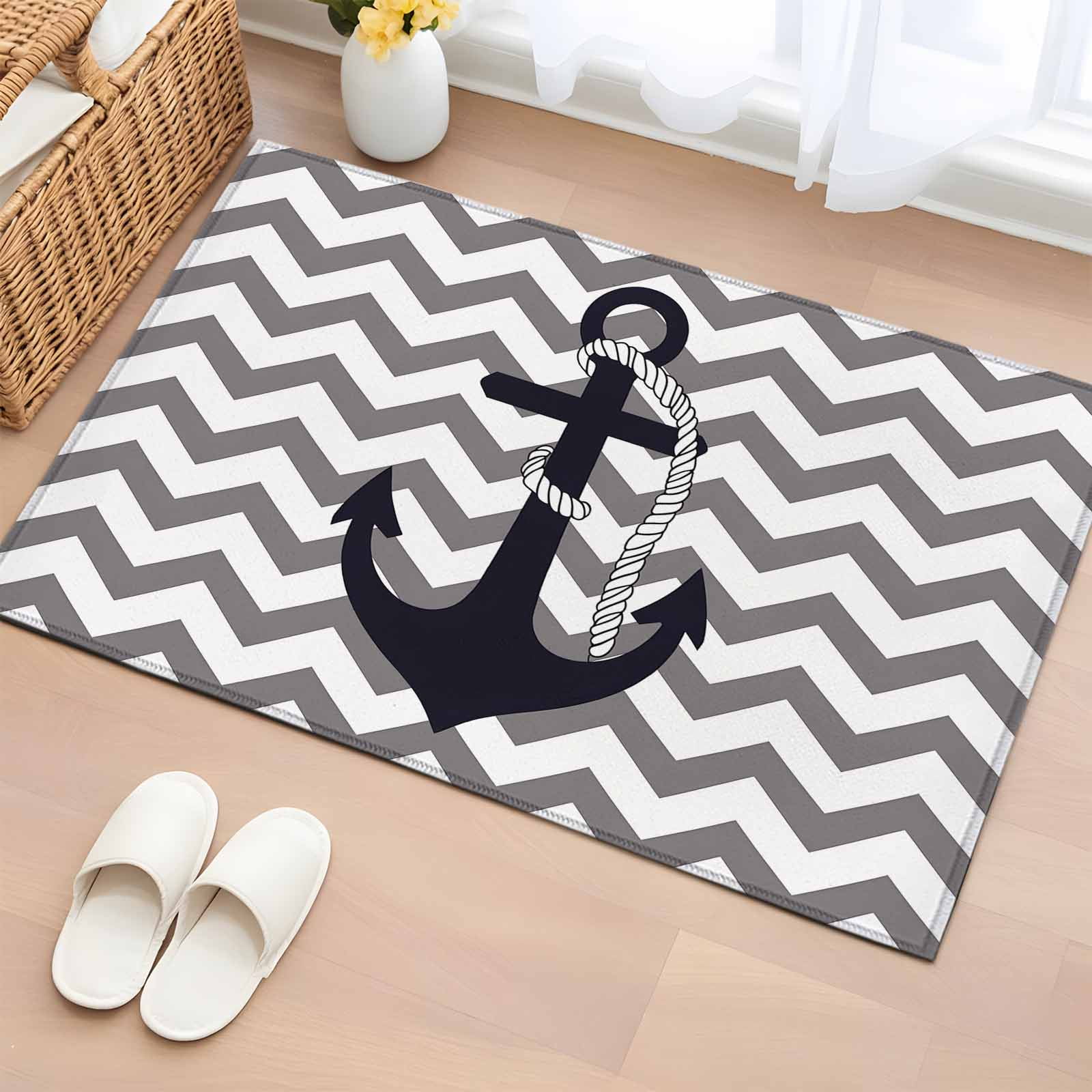 Black Nautical Anchor 2x3 Door Mat Rug, Gray Stripe Modern Wavy Lines Non-Skid Rubber Backing Large Rectangle Rugs - Living Room Bedroom Home Office, Indoor Floor Mat Carpets Washable Rug