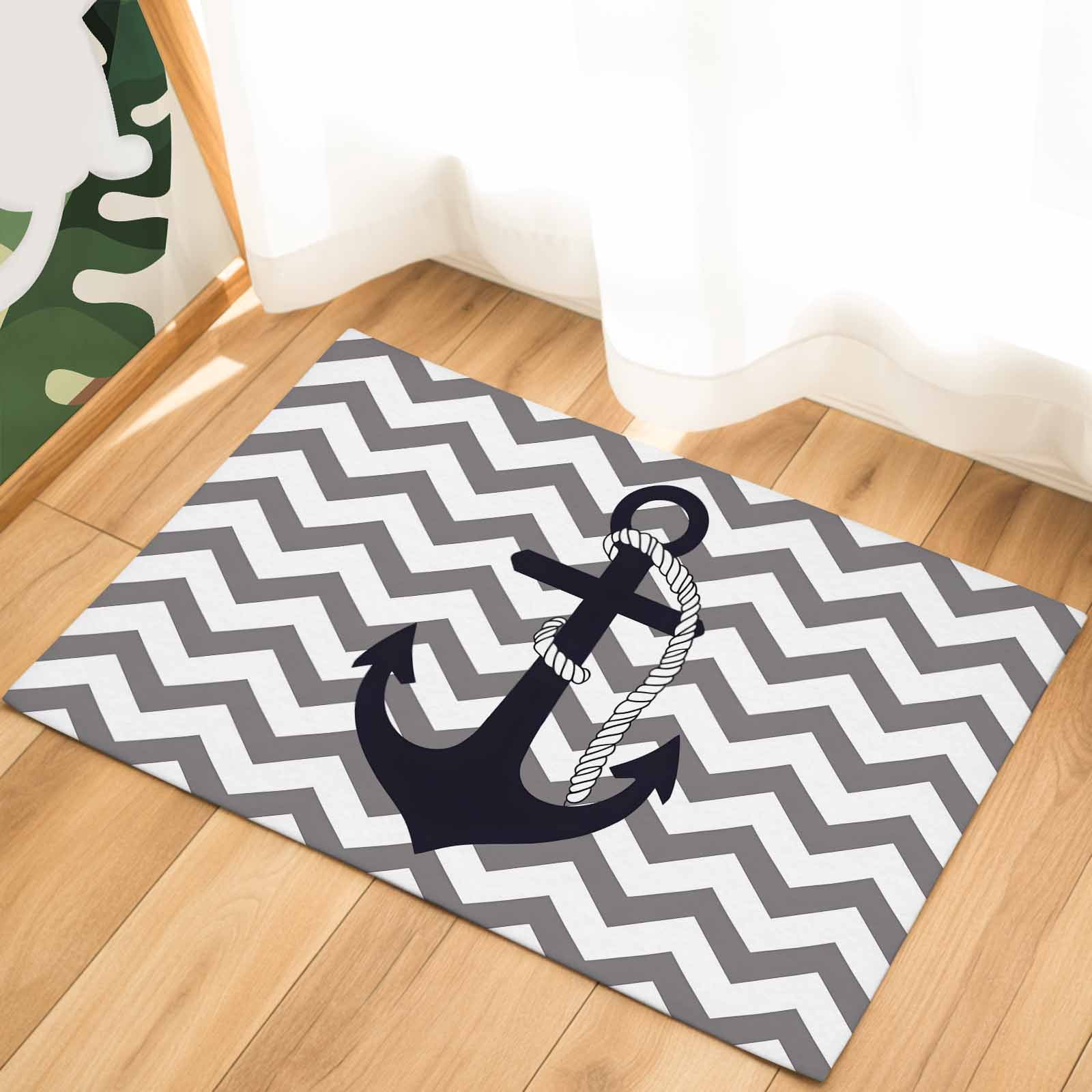 Black Nautical Anchor Indoor Door Mat - 18"x30", Non-Slip Welcome Mat for Outdoor, Gray Stripe Modern Wavy Lines Front Doormat for Entry, Low-Profile Doormat Entrance Rug for Kitchen/Bathroom