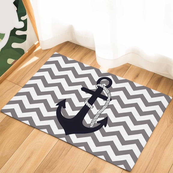 Black Nautical Anchor Indoor Door Mat - 18"x30", Non-Slip Welcome Mat for Outdoor, Gray Stripe Modern Wavy Lines Front Doormat for Entry, Low-Profile Doormat Entrance Rug for Kitchen/Bathroom