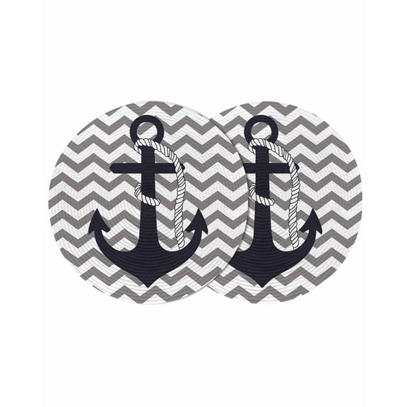 Black Nautical Anchor Round Table Placemats set of 2, Gray Waves Stripes Washable Woven Place Mats for Dining Tables Kitchen Party Decor,Heat Proof, 13in,