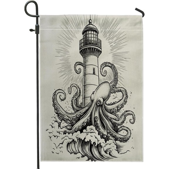 Black Nautical Octopus Garden Flags 12x18 Inch Double Sided for Outside, Krakens Tentacles Lighthouse Standard Vertical Canvas House Flags, Cool Front Yard Backyard Lawn Flags