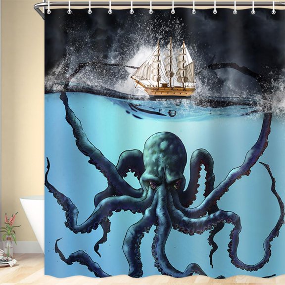 Black Nautical Octopus Shower Curtain, Funny Ocean Kraken Tentacles Attack Pirate Ship, 72 x 72 Inches Polyester Fabric Bathroom Cool Decor Set with 12 Hooks