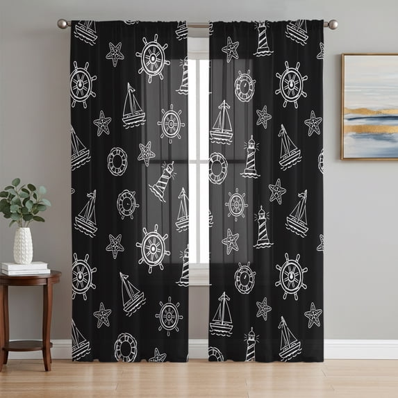 Black Nautical Sheer Curtains 63 Inch Length 2 Panels Set, Anchor Lighthouse Sailboat Coastal Voile Window Treatment Rod Pocket Curtains Sheers Drapes for Bedroom/Living Room/Kitchen 52x"63"x2