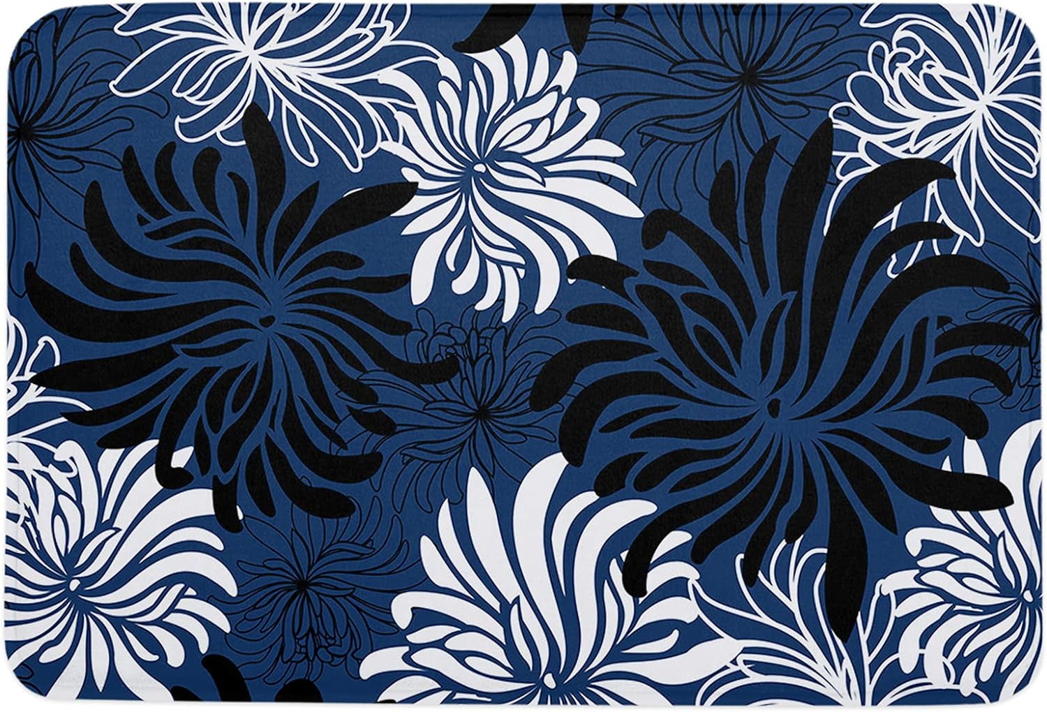 Black and Navy Blue Bath Mat，Chrysanthemum Texture Retro Cushion