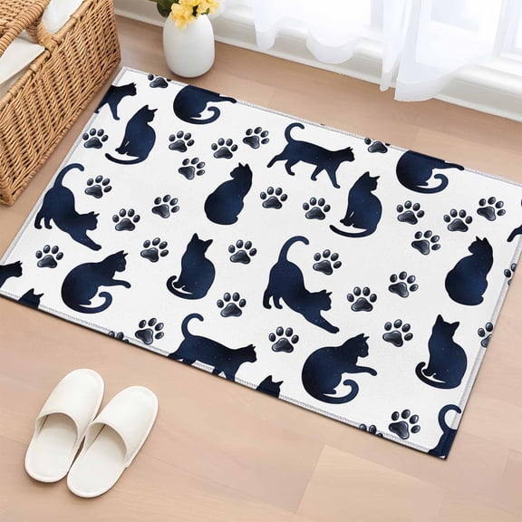 Black Navy Blue Cat Entryway Rug 2'x3' Non Slip Front Door Mats, Cat Paw Farmhouse Entrance Rugs Indoor Outdoor Carpet, Washable Floor Mats Small Area Rug for Bedroom Kitchen