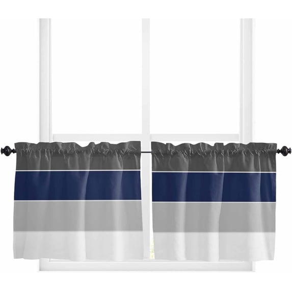 Black Navy Blue Gray Striped Window Tier Curtains 24 Inch Length, Abstract Gradient Stripes Rod Pocket Window Treatment Kitchen Drapes for Bedroom, Cafe, Living Room, 2 Panels, 27.5 W x 24 L