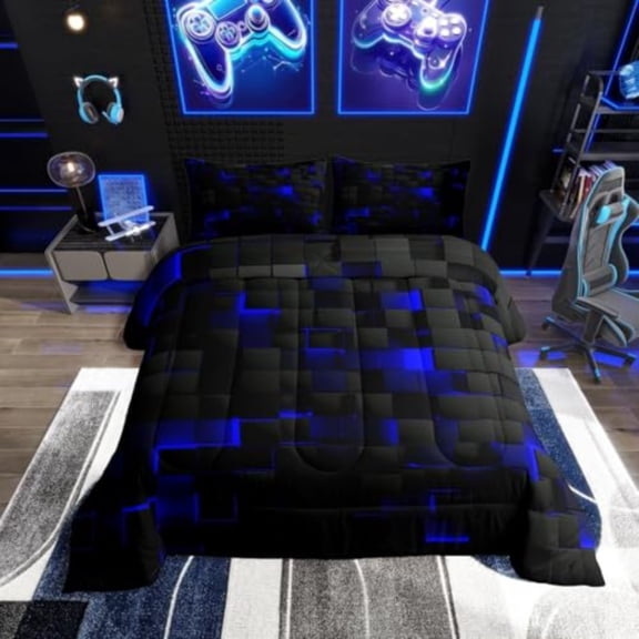 Black Navy Royal Blue Comforter Set Queen Neon Geometric Checkered Bedding Set for Teen Boys Gamer Room DecorAbstract Stereoscopic Grids Quilt Square Plaid Check Bed Set 3 Pcs