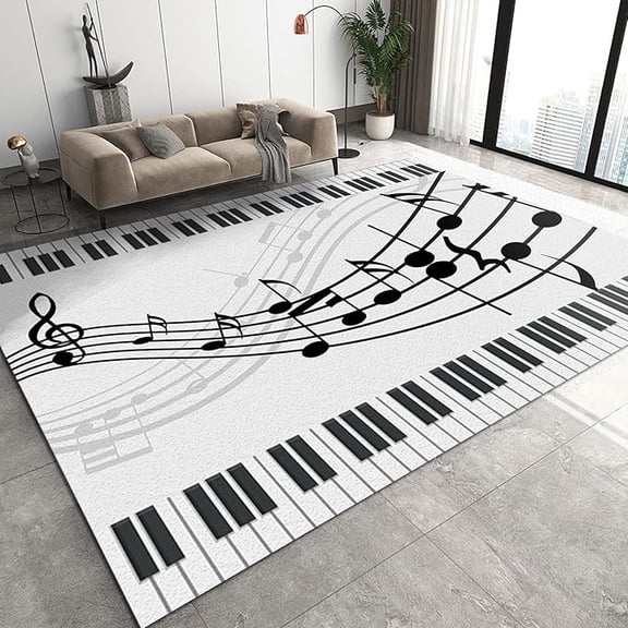 Black Nd White Music Melody Symbols Area Rug, Music Enthusiast Large Rugs, With Anti-Slip Easy Clean Carpet For Living Room Bedroom Kitchen Dining Room Home Office 5 x 8ft