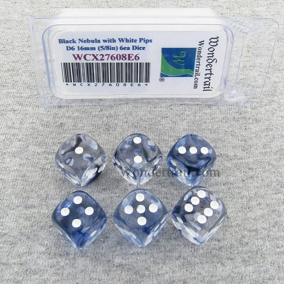 Black Nebula Dice with White Pips 16mm (5/8in) D6 Set of 6 Wondertrail