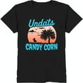 Black Neck TShirt with Bold 'Undaits Candy Corn' Graphic & Tree Sunset