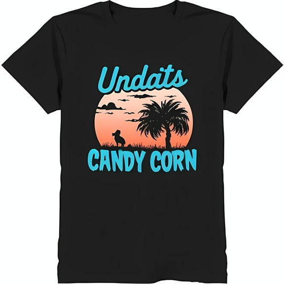 Black Neck T-Shirt with Bold 'Undaits Candy Corn' Graphic & Tree Sunset Design