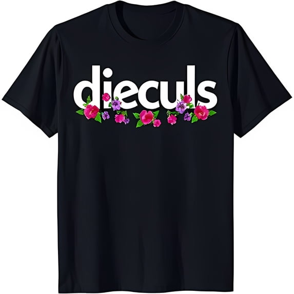 Black Neck T-Shirt with 'Dieculs' Text and Colorful Floral Design