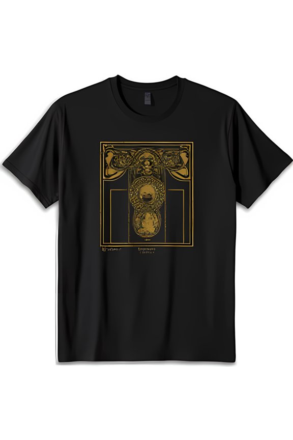 Black Neck T-Shirt with Gold Geometric Design Concentric Circles & Squares