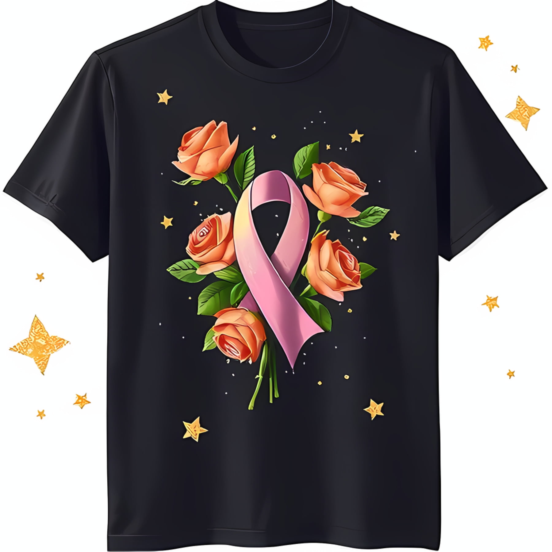 Black Neck TShirt with Pink Ribbon Bow and Roses Design Gold Stars