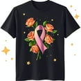 Black Neck TShirt with Pink Ribbon Bow and Roses Design Gold Stars