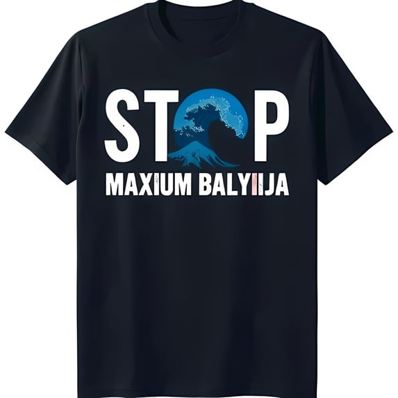 Black Neck T-Shirt with Wave and Mountain Graphic 'STOP BALYIIJA' Design