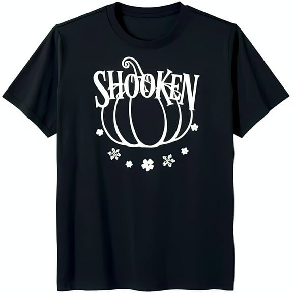 Black Neck T-Shirt with White Pumpkin & 'SHOOKEN' Text