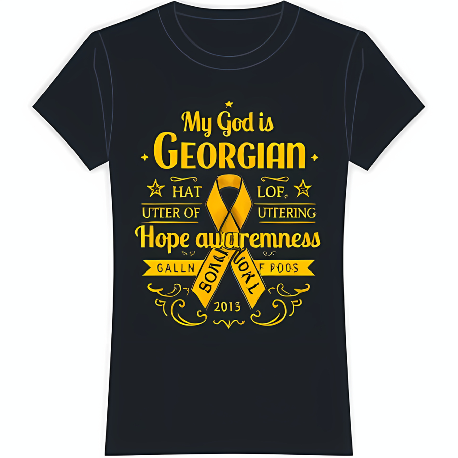 Black Neck TShirt with Yellow Ribbon & 'My God is Text