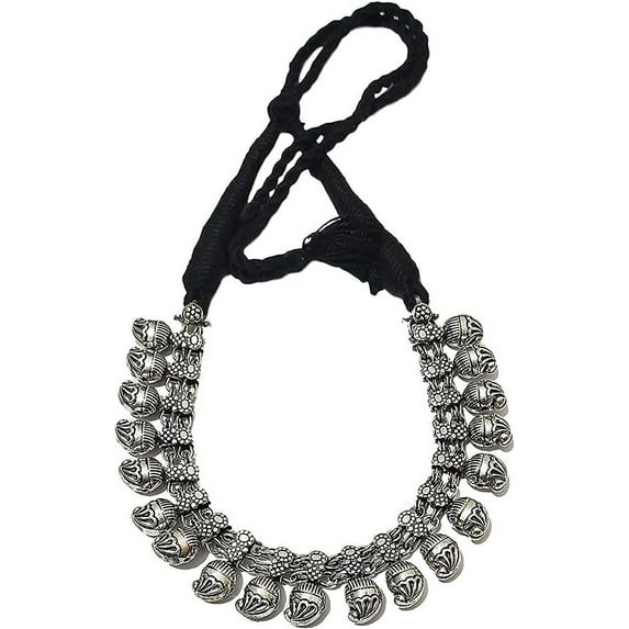Black Necklace with drawstring thread for Women Oxidised Silver Indian thread Jewelry for Women Black and Silver Ethnic Choker Necklaces