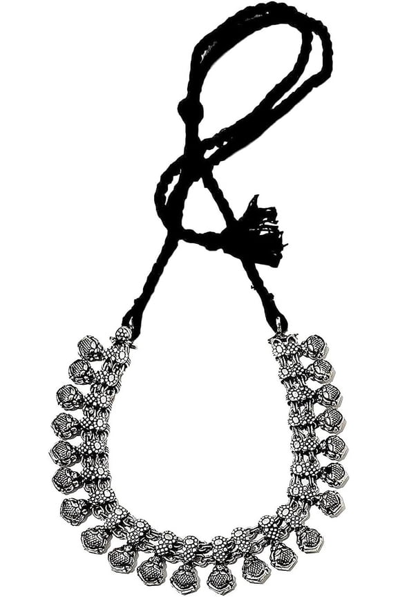 Black Necklace with drawstring thread for Women Oxidised Silver Indian thread Jewelry for Women Black and Silver Ethnic Choker Necklaces