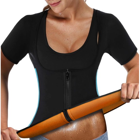 Black Neoprene Sauna Waist Trainer Top With Front Zip And Adjustable Belt
