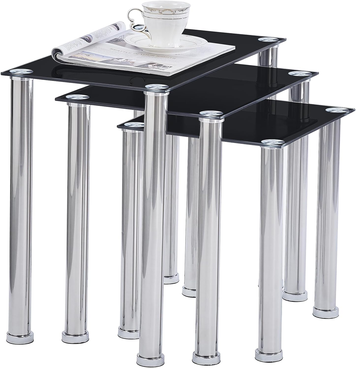 Black Nesting Table Set of 3 Living Room Glass Nesting Side Table for ...