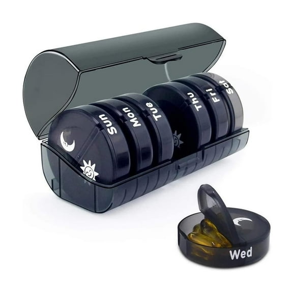 Black New 7-Day Pill Organizer with Two Compartments Per Day, Ideal for Pills/Vitamins/Fish Oil/Supplements Storage, BPA-Free and Easy to Clean (Black)…