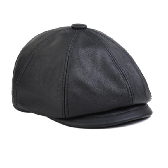 Black Newsboy Cap Men Winter Flat Hat Real Leather Cowhide Retro Thicken Warm Casual Male Octagonal Cap ,Fashion