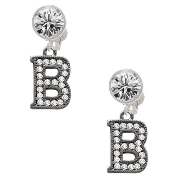 Black Nickeltone Crystal Initial - B - Beaded Border - Clear Crystal Clip On Earrings