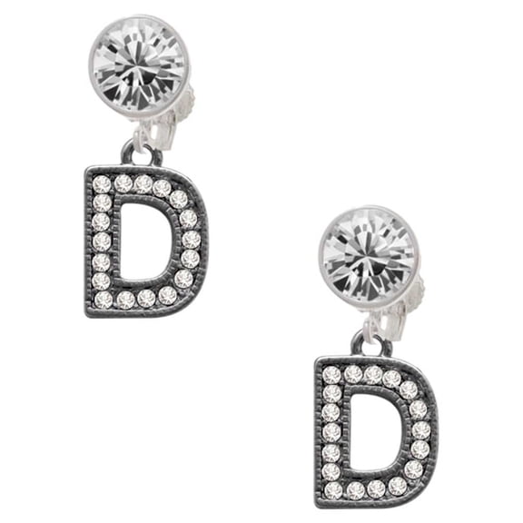 Black Nickeltone Crystal Initial - D - Beaded Border - Clear Crystal Clip On Earrings
