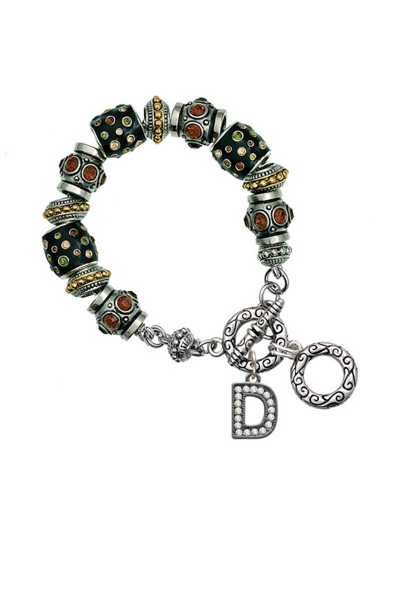 Black Nickeltone Crystal Initial - D - Beaded Border - Fall Crystal Bead Charm Bracelet