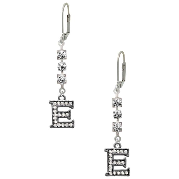 Black Nickeltone Crystal Initial - E - Beaded Border - Crystal Madison Leverback Earrings