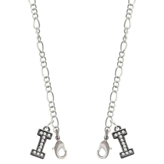 Black Nickeltone Crystal Initial - I - Beaded Border - Silvertone Face Mask Necklace