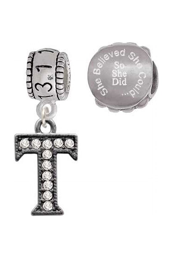Black Nickeltone Crystal Initial - T - Beaded Border - 13.1 Half Marathon Run She Believed She Could Charm Beads (Set of 2)