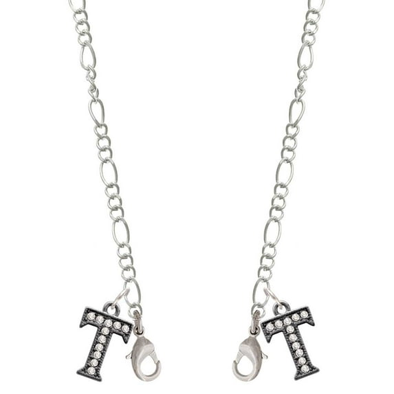 Black Nickeltone Crystal Initial - T - Beaded Border - Silvertone Face Mask Necklace