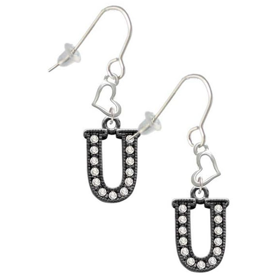 Black Nickeltone Crystal Initial - U - Beaded Border - Heart French Earrings