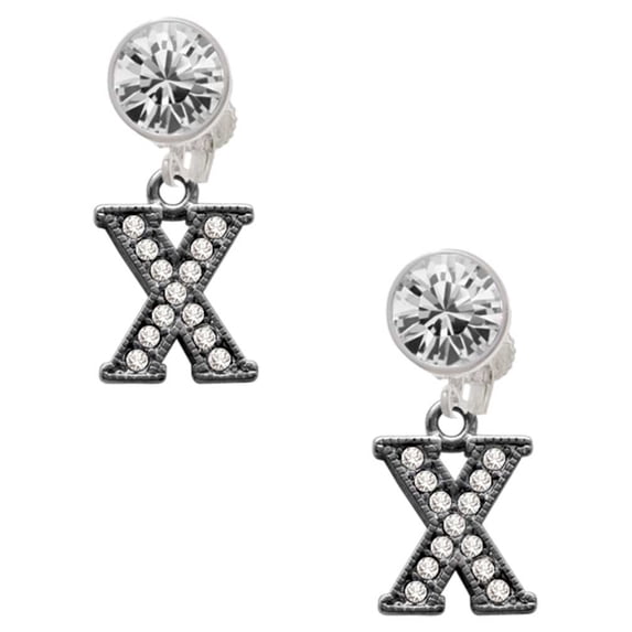 Black Nickeltone Crystal Initial - X - Beaded Border - Clear Crystal Clip On Earrings