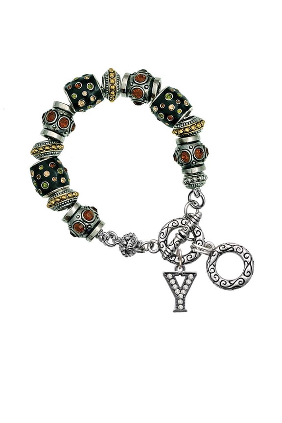 Black Nickeltone Crystal Initial - Y - Beaded Border - Fall Crystal Bead Charm Bracelet