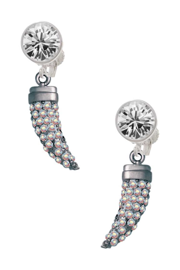 Black Nickeltone Large AB Crystal Sabre Tooth Clear Crystal Clip On Earrings