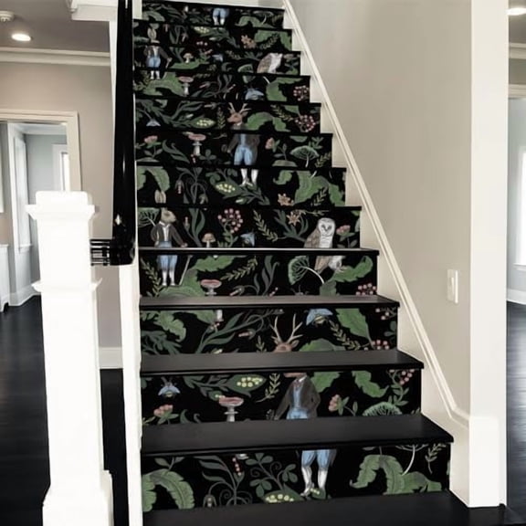 Black Night Animals Kingdom Floral Peel and Stick Vinyl Stair Riser Decals Staircase Tile Stair Stickers Abstract Art Modern Decoration Self-Adhesive Home Decor Stair Decals (14 Pcs)$$Tools