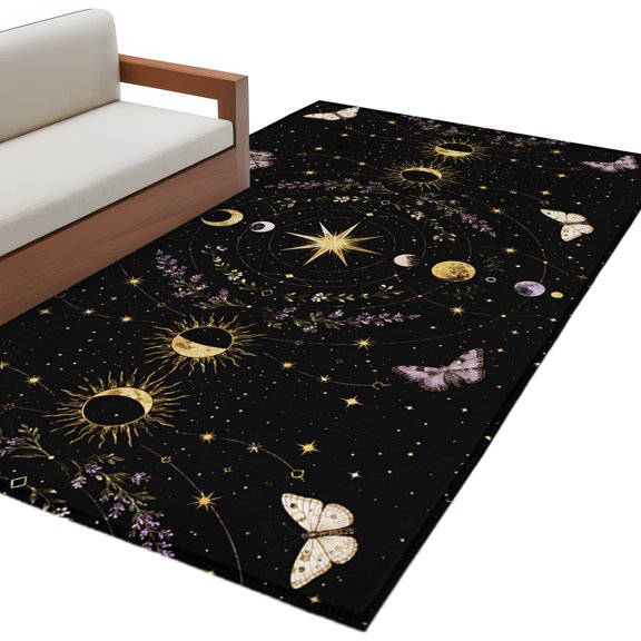 Black Night Sky Area Rug 4x6 Washable Rug Non Slip Mystic Golden Moon Star Leaves Butterfly Large Area Rug Indoor Floor Carpet for Entryway Bedroom Kitchen Living Room Home Office Dining Room Nursery
