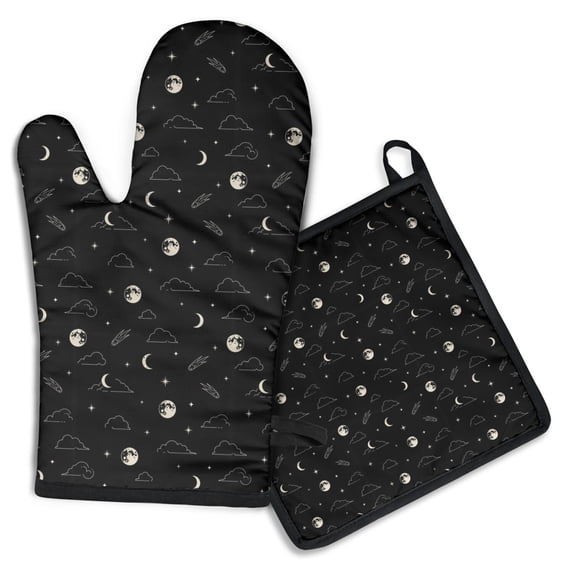 Black Night Sky Pattern Kitchen Oven Mitt and Pot Holder Sets 2 Pcs for Baking, Cooking and Grilling, Heat Resistant Up To 392 °F