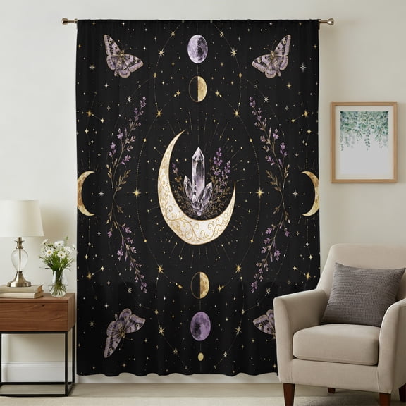 Black Night Sky Sheer Curtains 96" Long for Living Room, Mystic Golden Sun Moon Star Leaves Butterfly Light Filtering Privacy Drapes, Breathable Semi Sheer Window Treatment for Bedroom Dining Room