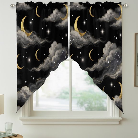 Black Night Sky Swag Curtain Valances for Kitchen, Mystical Dreamy Golden Moons Grey Clouds Stars Rod Pocket Curtains Window Treatment Swag Valance for Bedroom Bathroom, 2 Panels 36 x 63 Inch