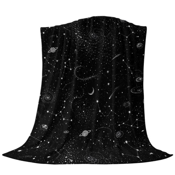 Black Night Sky Throw Flannel Blanket Mythical Ringed Planets Star Spiral Galaxies Goth Super Soft Cozy Bed Blanket, Lightweight Plush Fuzzy Bed Throw for Bedroom Sofa Couch Living Room 30x40in