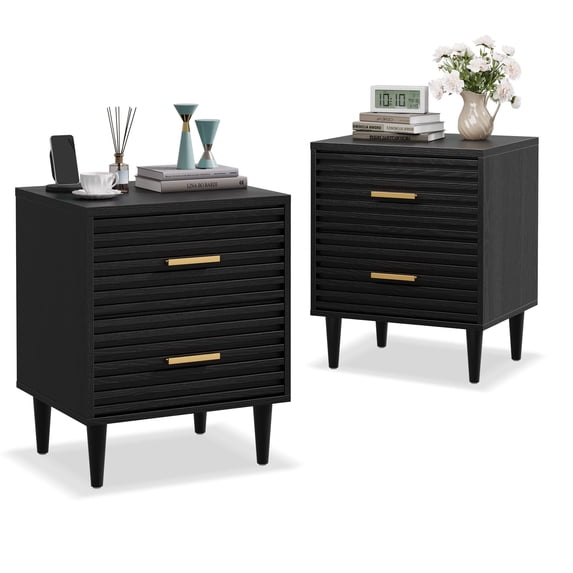 Black Night Stand Set of 2, Bedside Table, Nightstands with Drawer Storage Bed Side Table End Table Large Modern Wood Wide Bedside Stand Mid Century Night Stands for Bedroom Living Room Sofa Couch